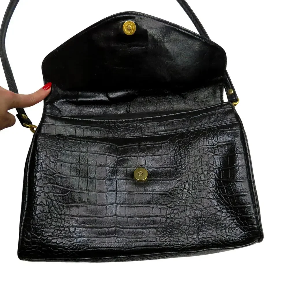 Vintage 1970s Croc Embossed Leather Crossbody Bag Black Gold Medium - Picture 6 of 10